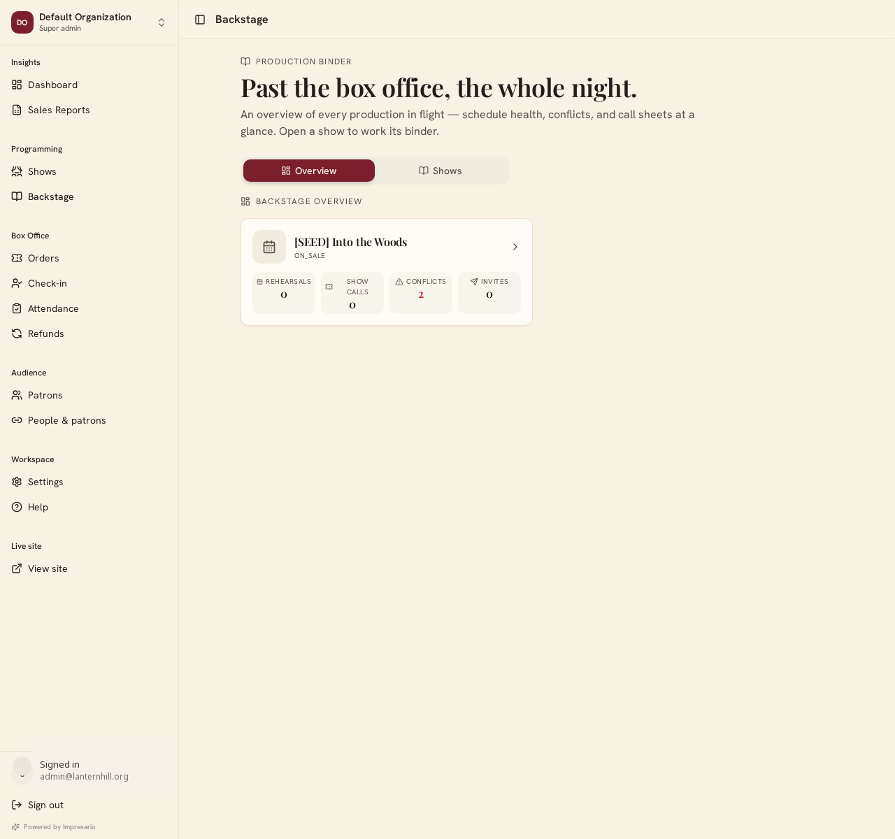 Backstage overview in the admin console showing a production binder with rehearsals, show calls, conflicts, and invites