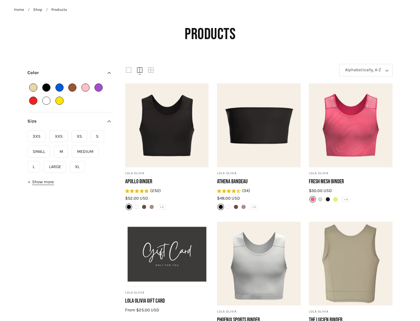 The product listing page with a breadcrumb, color and size filters, and a grid of binder and bandeau product cards