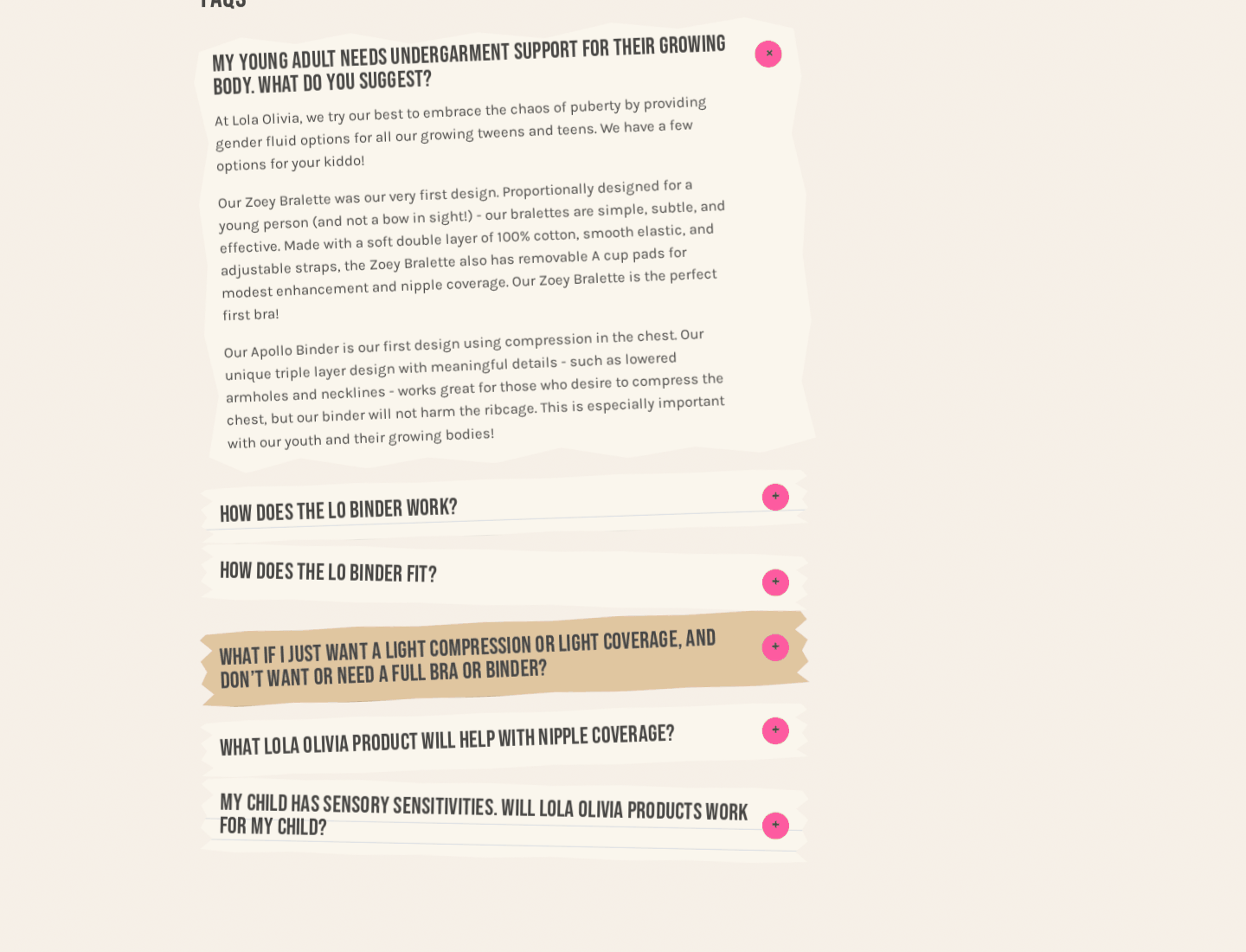 The rebuilt FAQ page with one answer expanded and further questions below it, set on torn paper and tape