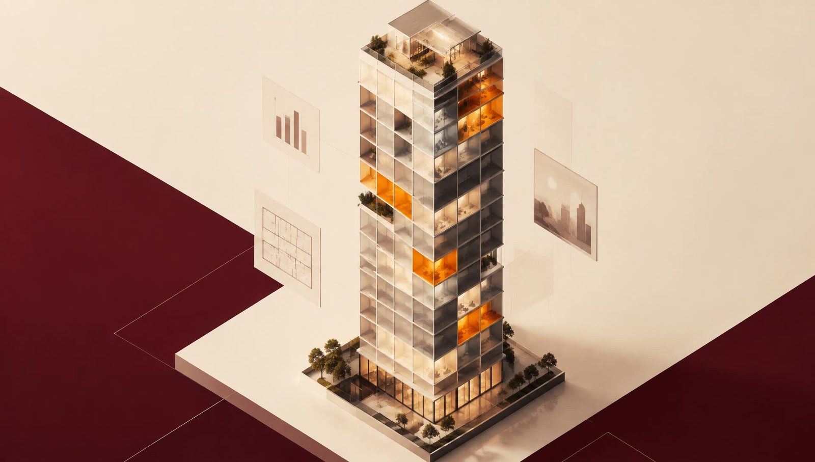 Isometric illustration of a glass residential tower with floor plans, charts, and renderings floating beside it