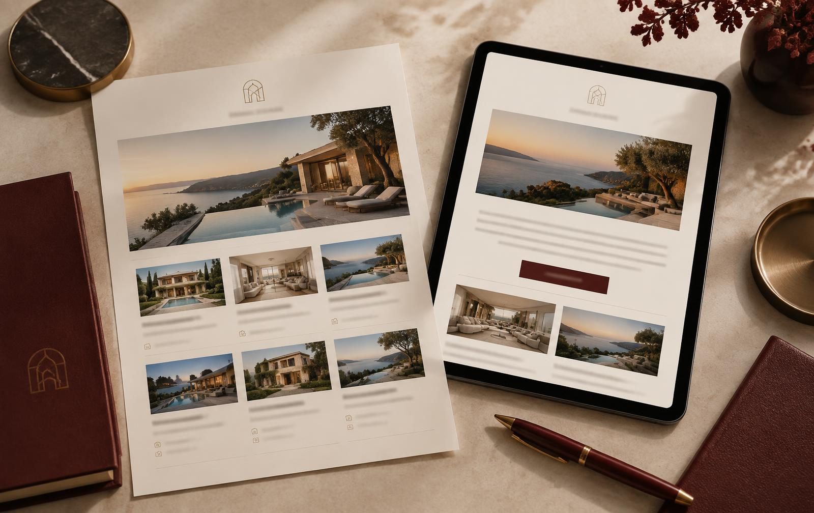 A printed branded availability list and the same list on a tablet, both carrying the development's own logo
